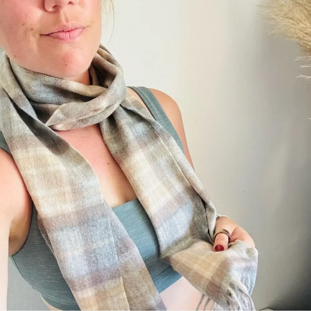 NEW EDINBURGH Beige Soft Blue Tan Cashmere Tartan Plaid Tassel Cozy Scarf Wrap